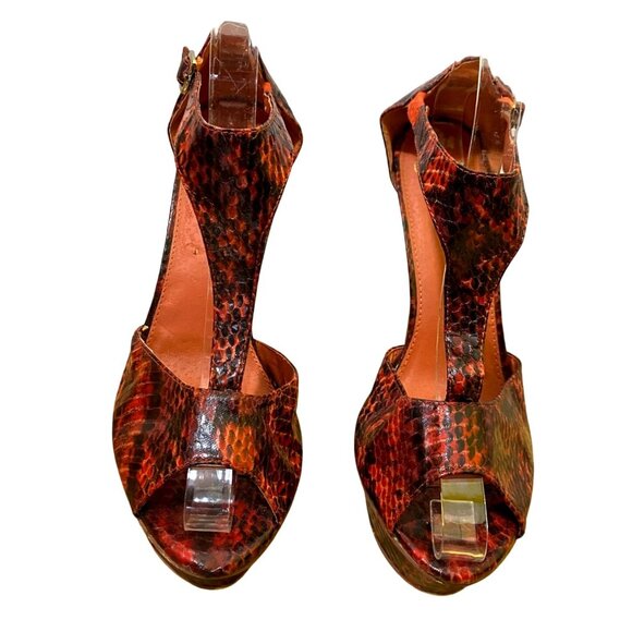Vtg Sexy Red Snakeskin Peep Toe Platform Stiletto Heels Size 8.5 Stripper Club - Picture 2 of 7